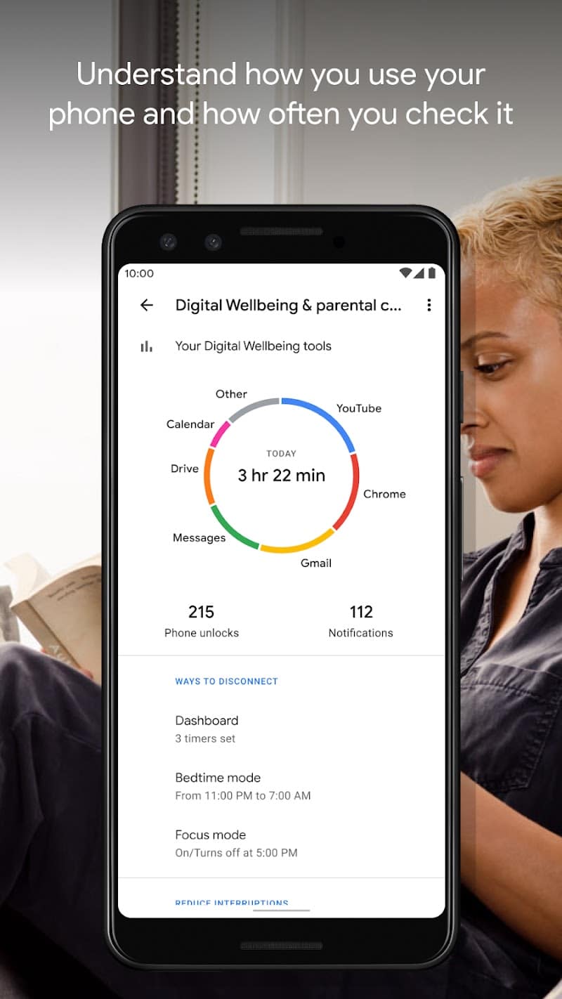 Digital Wellbeing dashboard met schermtijd, ontgrendelingen en meldingen