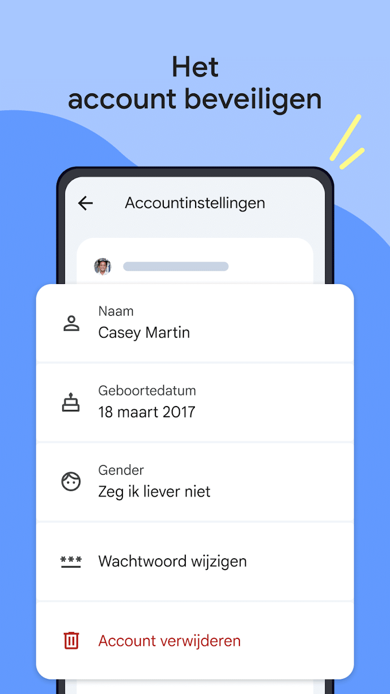 Accountinstellingen van een kind in Family Link met de optie Account verwijderen
