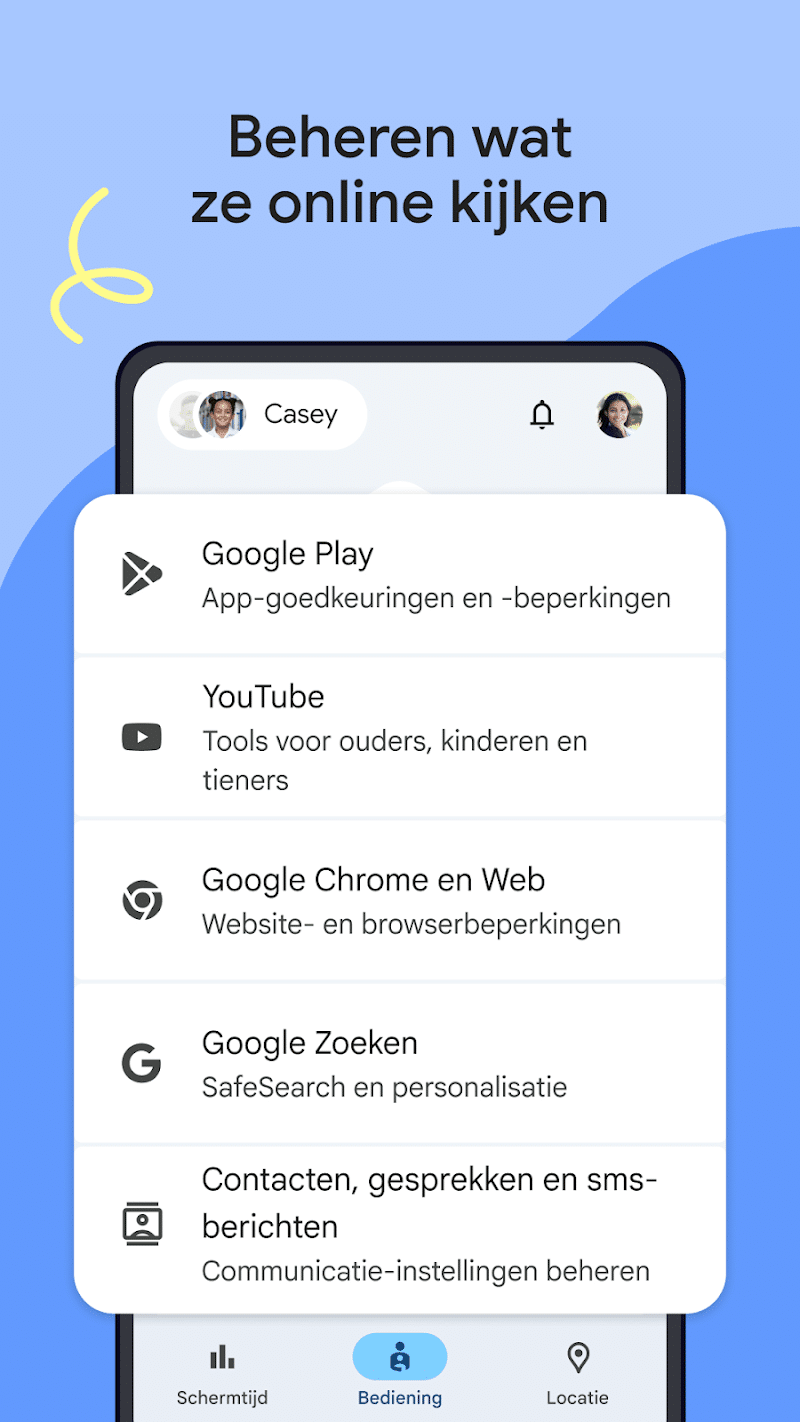 Bediening-tab in Family Link: Google Play, YouTube, Chrome en SafeSearch beheren