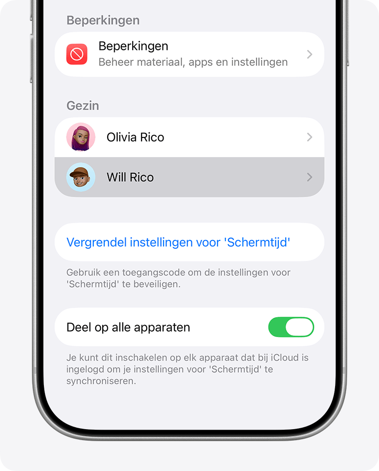 Schermtijd-instellingen met Gezin-sectie, vergrendeling en Deel op alle apparaten