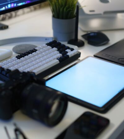 Tablet met toetsenbord op een bureau