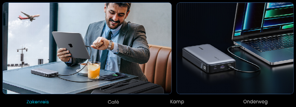 Powerbanks van UGREEN in gebruik met een tablet en laptop